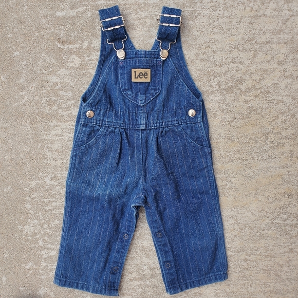 Vtg Rare Lee Leather Tag Toddler‎ Girl Striped Denim Overalls USA, Size 12M - Picture 1 of 9